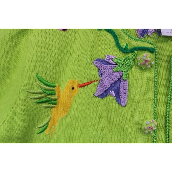 Quaker Factory Lime Green Embroidered Beaded Sweater-Large-Button Up-Birds - Picture 7 of 15